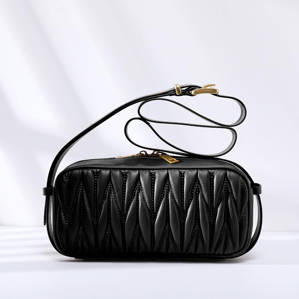 

Женская плиссированная сумка через плечо из овчины, маленькая квадратная сумка через плечо из натуральной кожи, женская кожаная сумка-почтальон в стиле ретро чёрный