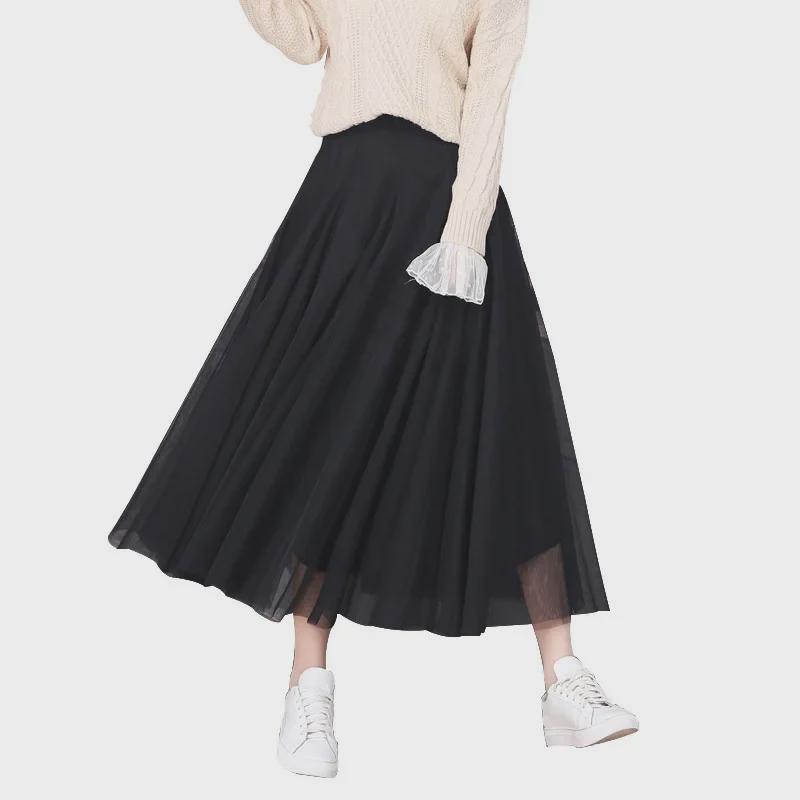 2025 High-Waist A-Line Mesh Skirt: Three-Layer Pleated Fairy Skirt for Spring & Autumn