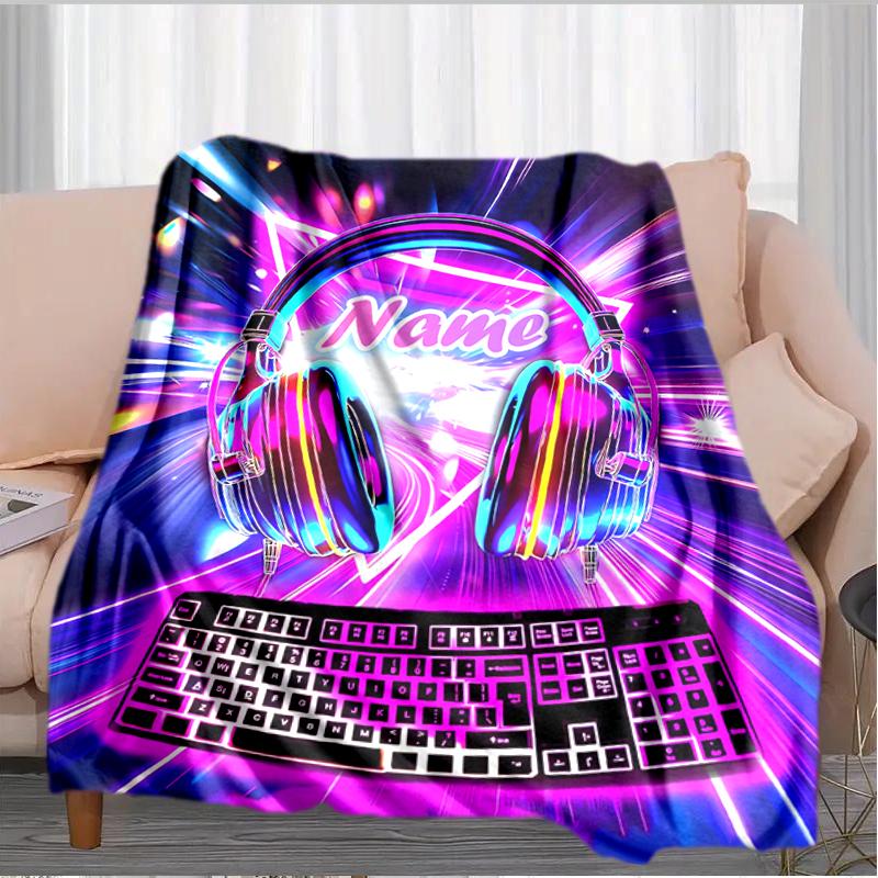 1PC Custom Name Neon Lights Music Flannel Blanket Versatile, All-season Throw Suitable for the Living Room, Bedroom, Camping, Travel, and Gift