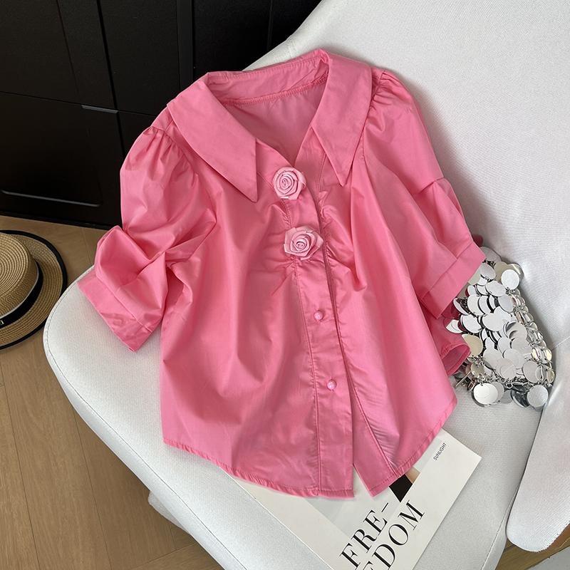Hong Kong style retro rose flower pink short-sleeved shirt women's summer temperament thin shirt design sense niche top