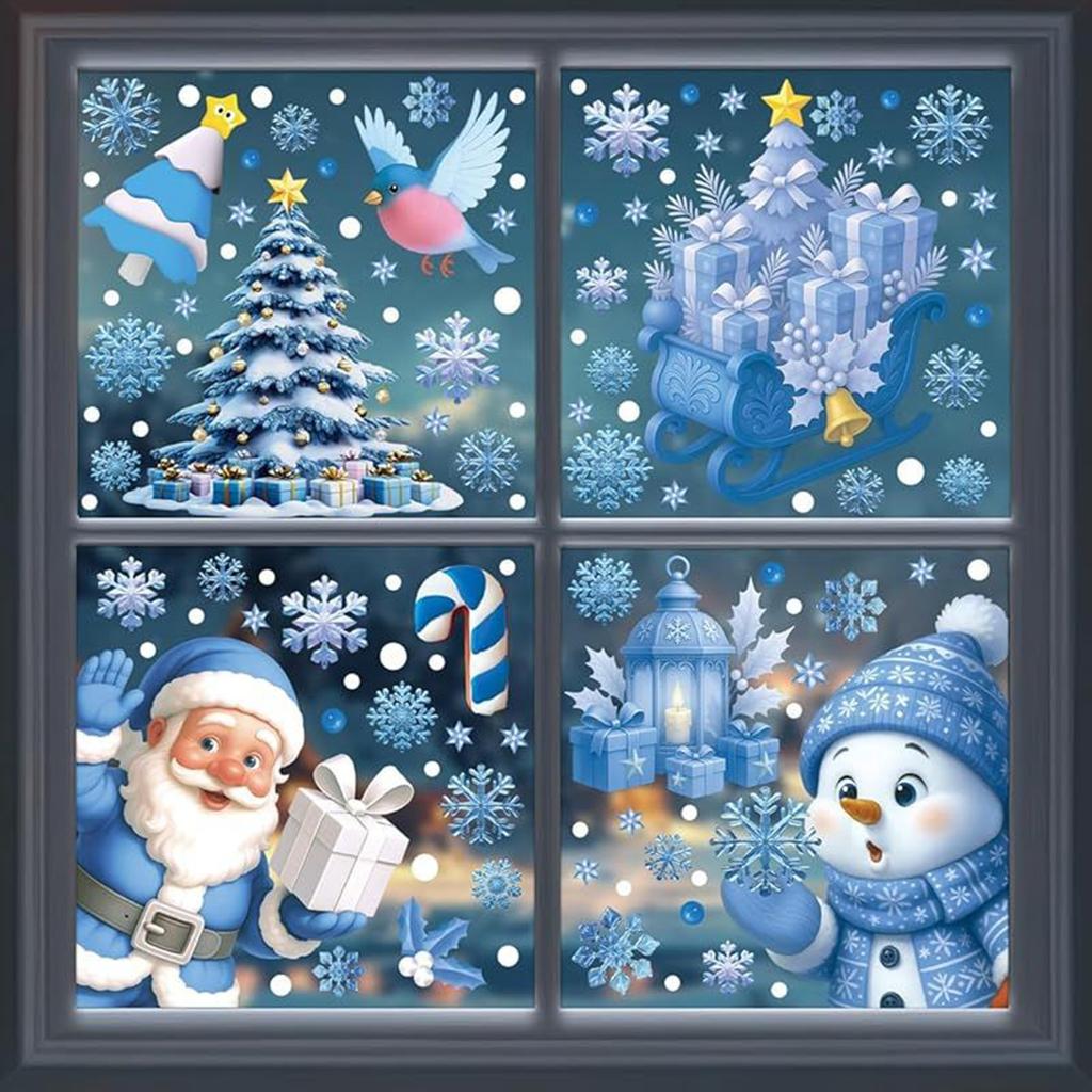 Autocollant électrostatique pour fenêtre Père Noël bonhomme de neige bleu Décoration de Noël Autocollant pour verre Flocon de neige bleu Autocollant pour fenêtre Arbre de Noël.