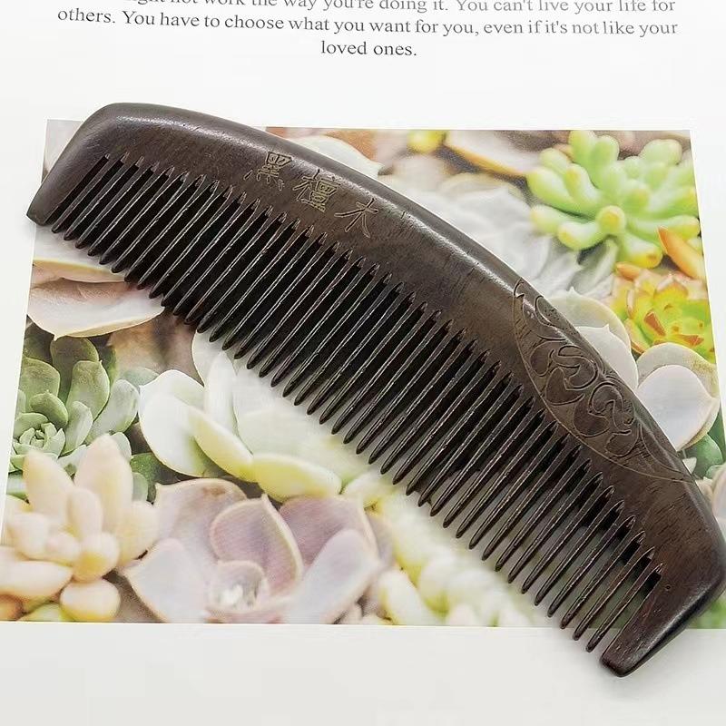 Ebony Comb, Long-handled, Densely Toothed, Double-sided Carved Whole Wood Comb
