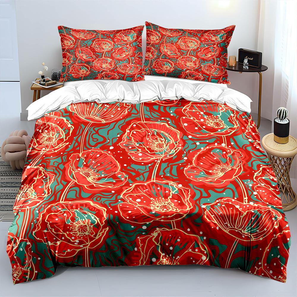 Red flowers with blue background Print Soft Comfortable Duvet Cover Bedding Set Included 1*Duvet Cover 2*Pillowcases