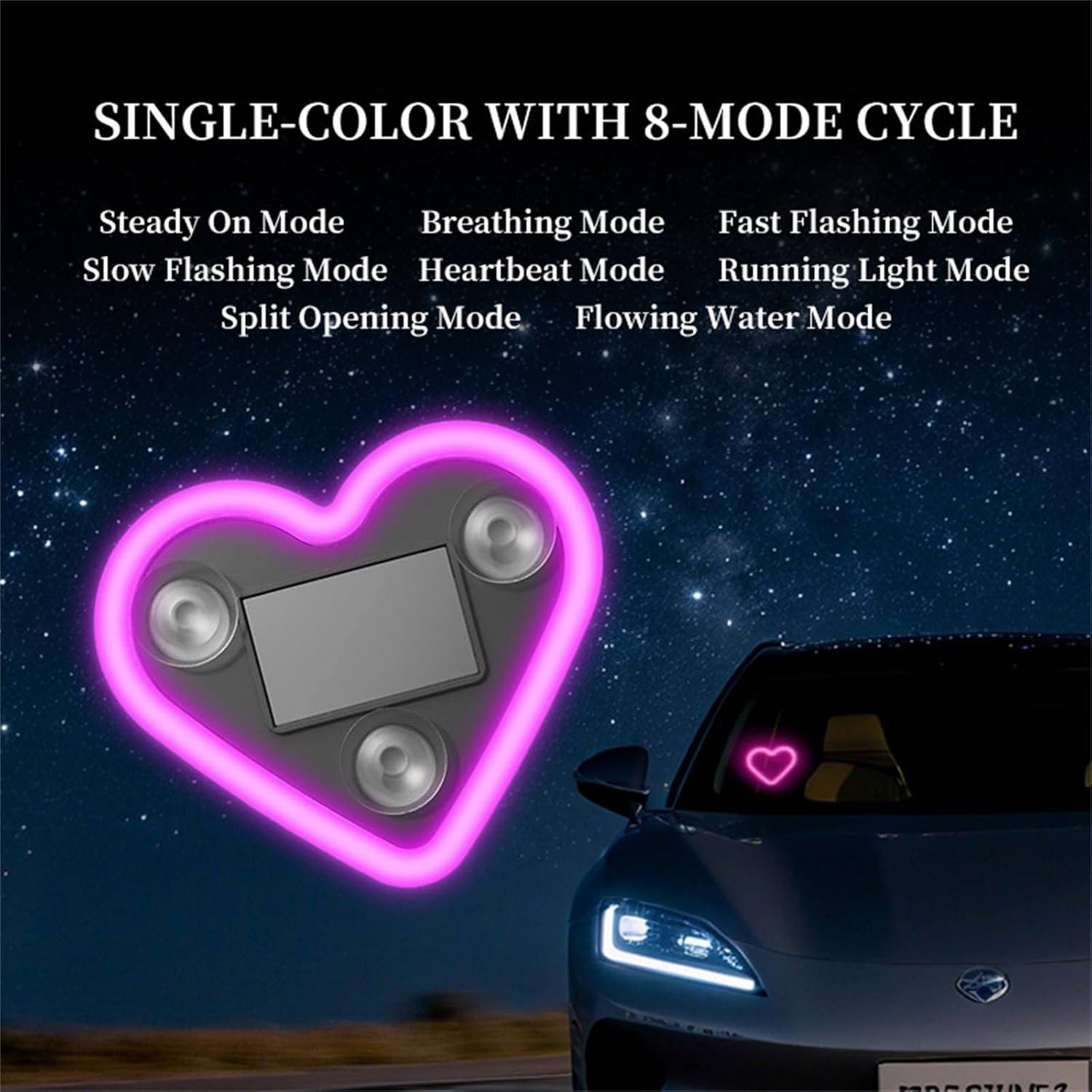 

2Pcs LED Love Ambient Lighting Car - 7 Colors Solar-Powered Heart-Shaped LED Neon Light with 8 Modes, IP65 Waterproof, for Romantic Car Interior and
