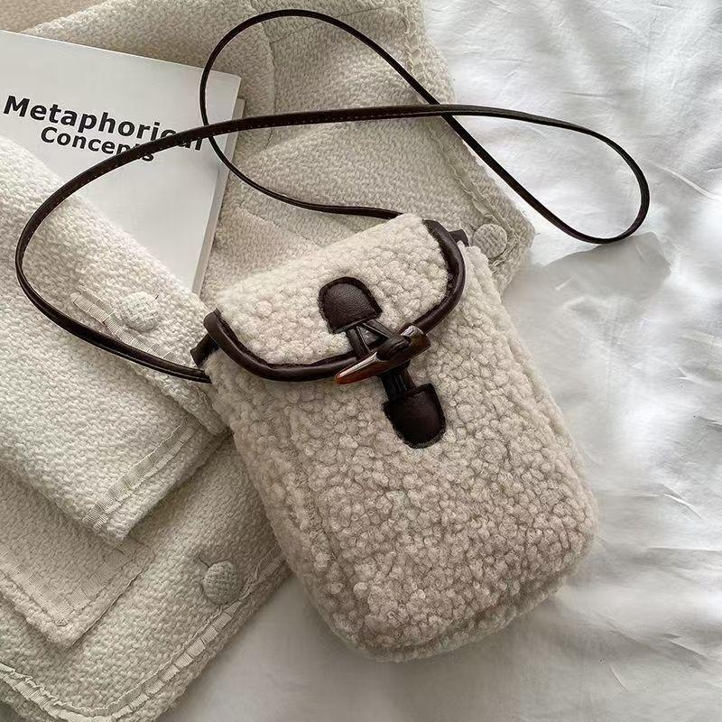 New Women's Plush Lamb Wool Crossbody Bag - Cute, Fashionable, Versatile, and Popular Phone Bag.