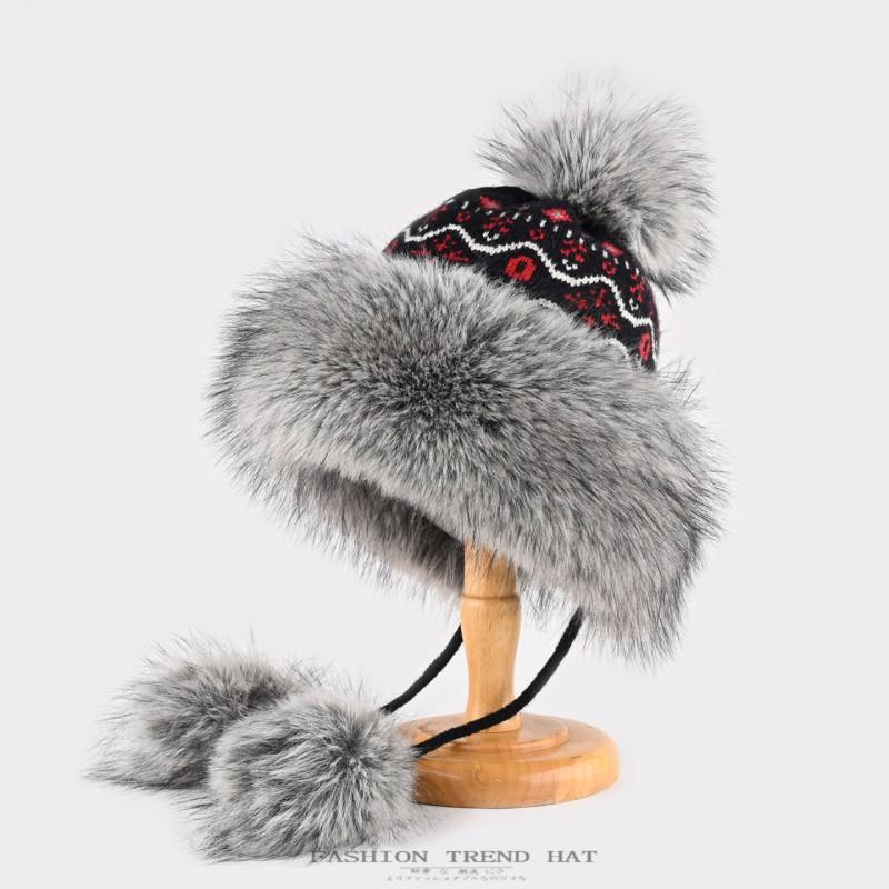 Womens Winter Warm Knitted Beanie Hat With Ear Protection Faux Mink Fur Trim Cable Knit Adjustable Fit