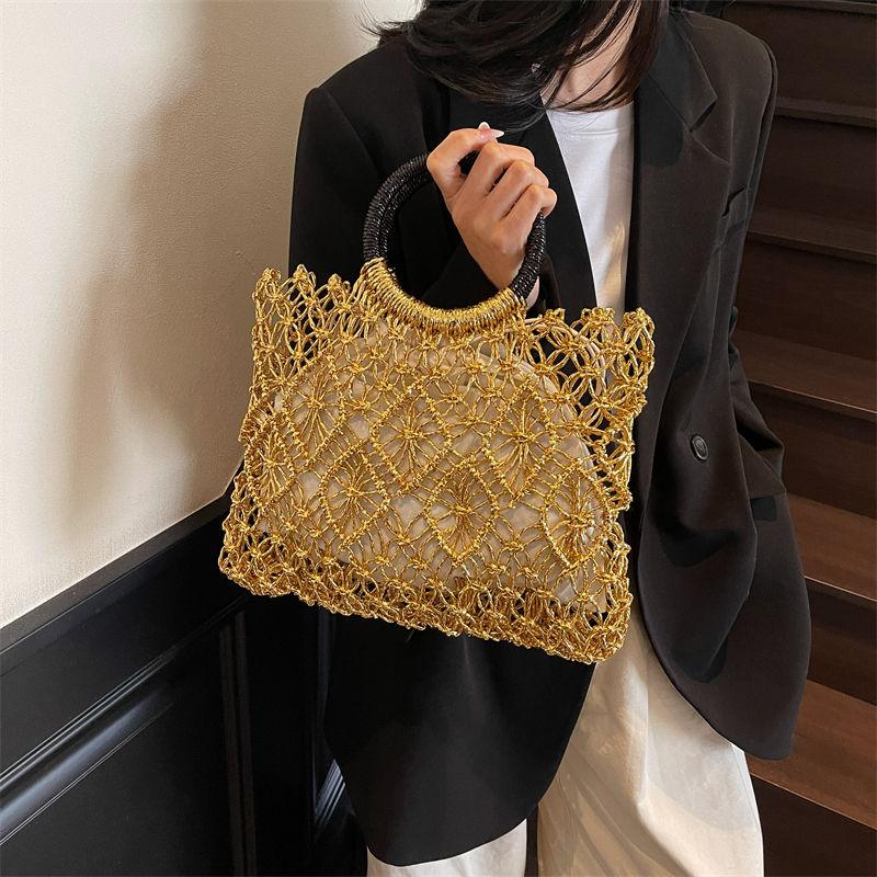 

Woven Shoulder Hollow Cotton Rope Beach Casual Fashion Vacation Handmade Seaside Straw Versatile Tote Bag золотой