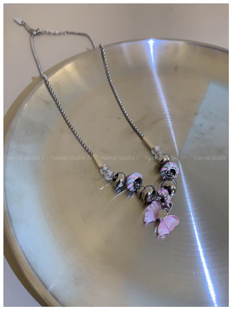 

Pink Bow Necklace Sweet Cool Spice Girl Light Luxury Niche Design Premium Sense Beaded Threaded Clavicle Chain Accessories Female