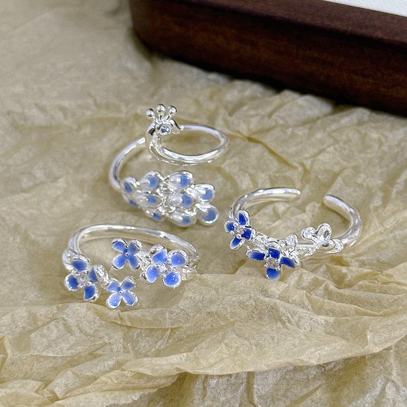 French Flower Peacock Dream Blue Enamel Dripping Oil Flower Opening Ring Women'S Exquisite Sweet And Cool High-End Ring