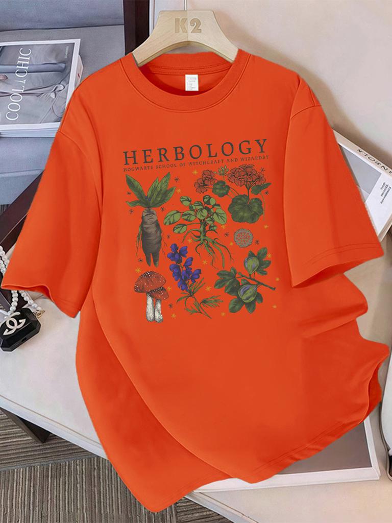 Summer T-Shirts Women Cotton Herbology Plant Composition Printed Tops O-Neck Comfortable Loose Short Sleeve Casual Woman Clothes