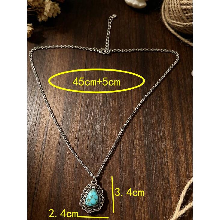 Bohemian Floral Border Artificial Turquoise Pendant, Antique Silver Versatile Casual Necklace