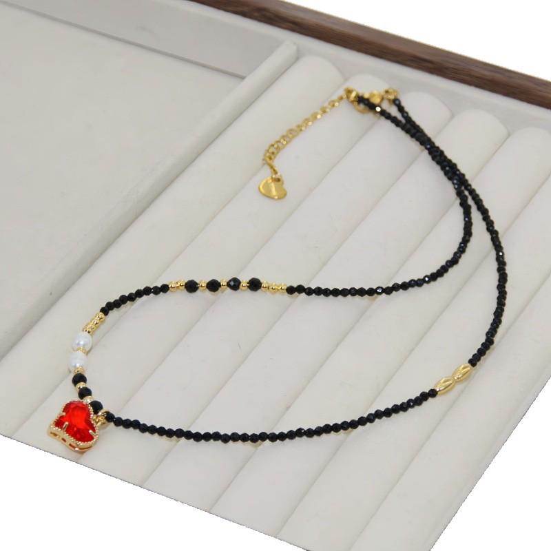 Exquisites Schwarzes Spinell & Süßwasserperlen Halsketten-Set für Damen - 2025 Naturstein Schlüsselbein-Kette, Luxuriöser Nationaler Stil