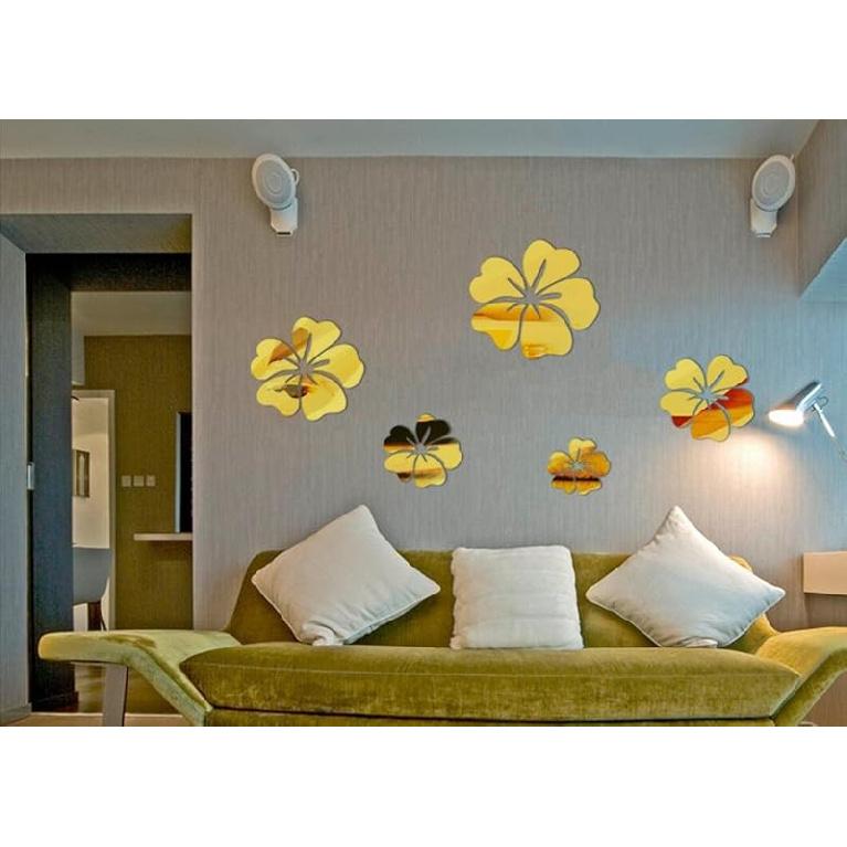Yusylvia 5PCS Flower Mirror Flower Pattern Wall Sticker 3D Home Decoration Wall Art DIY Wall Stickers (Silver)