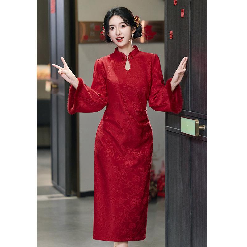 Red cheongsam wedding 1011 new bride toast autumn and winter Chinese engagement dress fleece dress