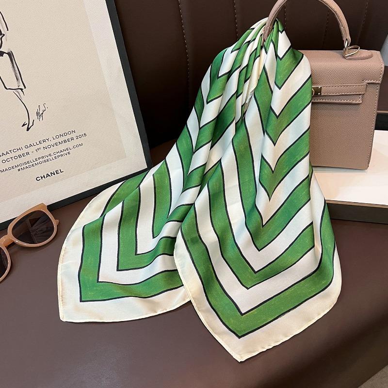 Korean Style Green Geometric Stripe Silk Scarf Women Summer Sun Protection Shawl Multi Functional Headscarf
