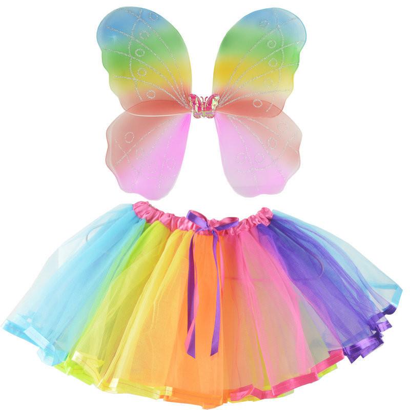 Halloween Dancewear With Rainbow Net Skirt And Single Layer Wings For Kids Party