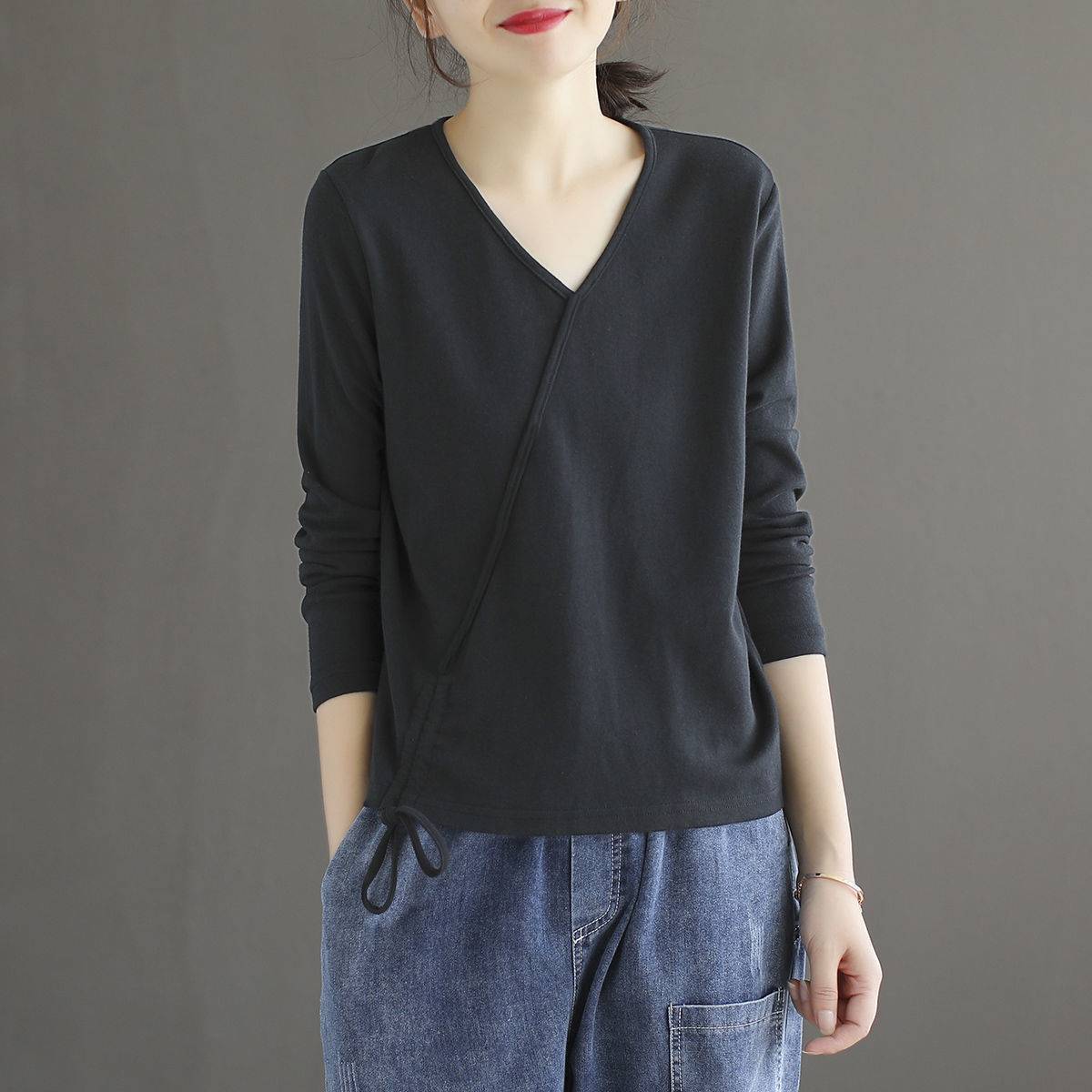 

Однотонная футболка с V-образным вырезом, женская, большого размера, широкая, Panasonic Swing, топ на шнурке, корейская, ретро, повседневная, с длинными рукавами 3XL