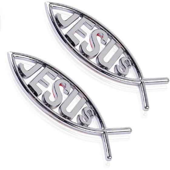 MEETCUTE 2pcs Jesus Fish Decal Sticker Silver,3D Car Chrome Decal Emblem Sticker Religious God for Jesus Christian Fish Symbol