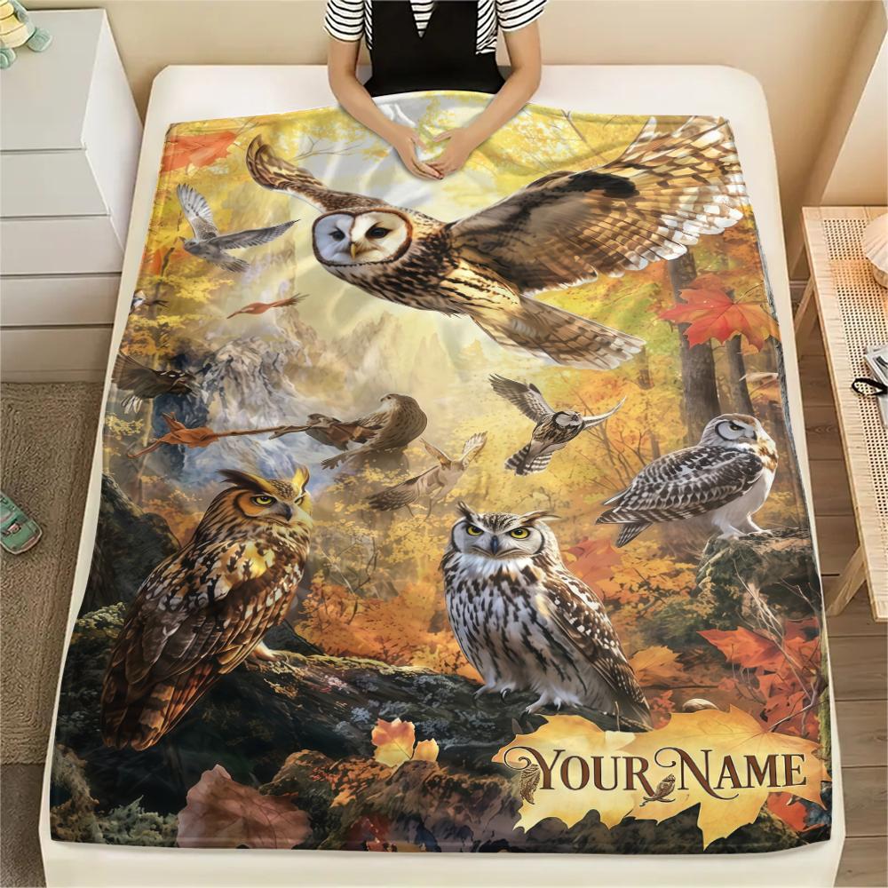 1PC Custom Name Autumn Owl Patterned Flannel Blanket Suitable For All Seasons for Home Decor Warmth and Comfort Gifts Holiday Present_lx