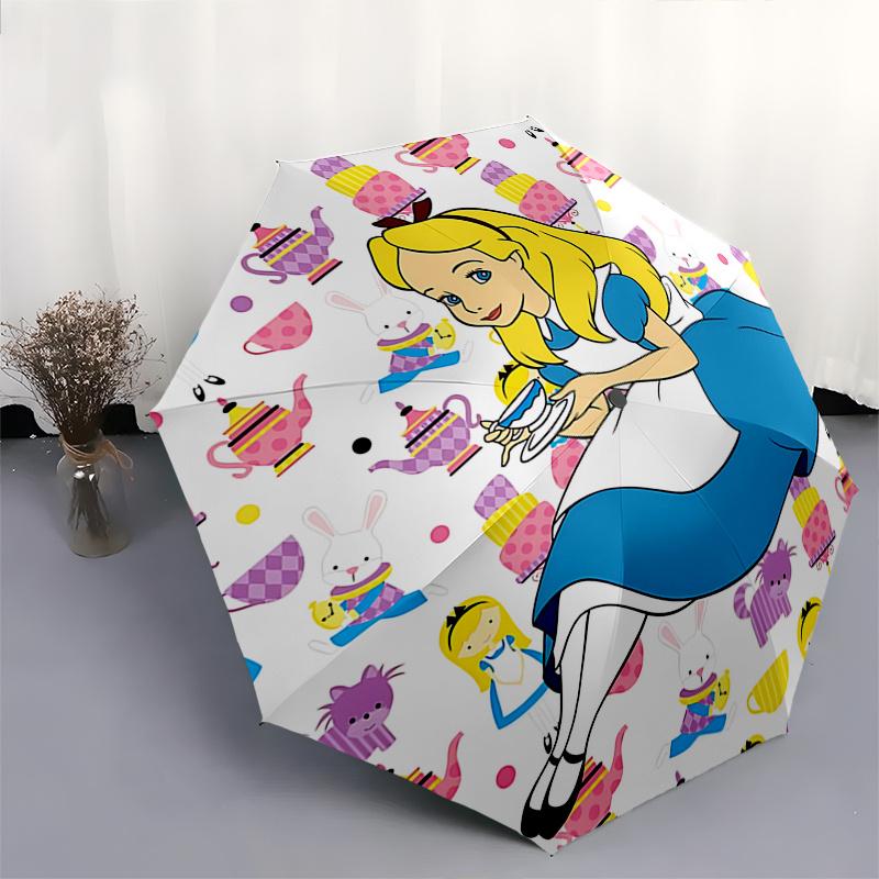 Disney Alice, Wonderland Automatic Open/Close Umbrella - Cute Umbrella with Cute Design, Portable 3-Fold Compact Umbrella for Men & Women, V