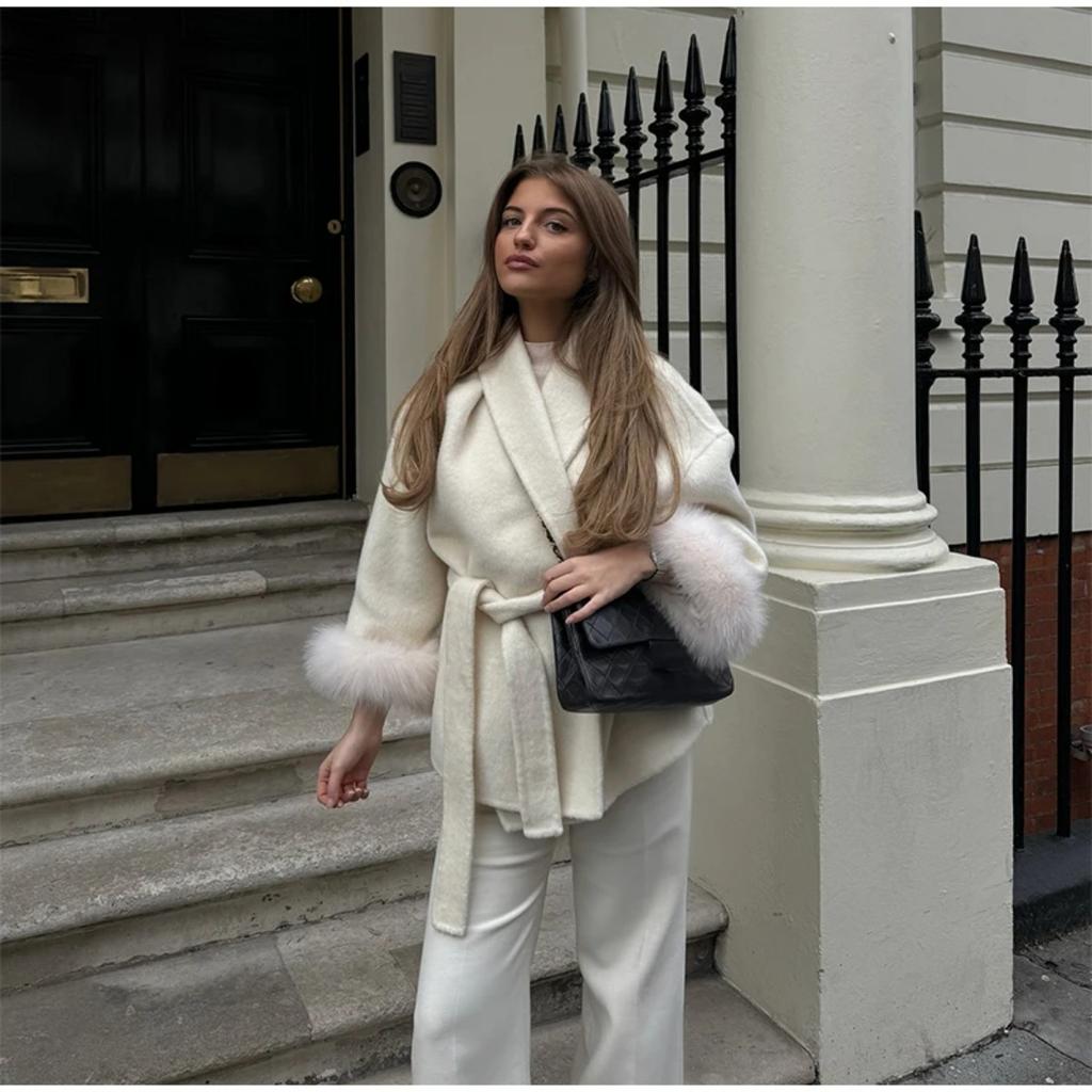 VAYLA Chic Lapel Plush Coat With Belt Women Vintage Solid Faux Fur Sleeve Tweed Open Coats Female Autumn Casual Street Outwear
