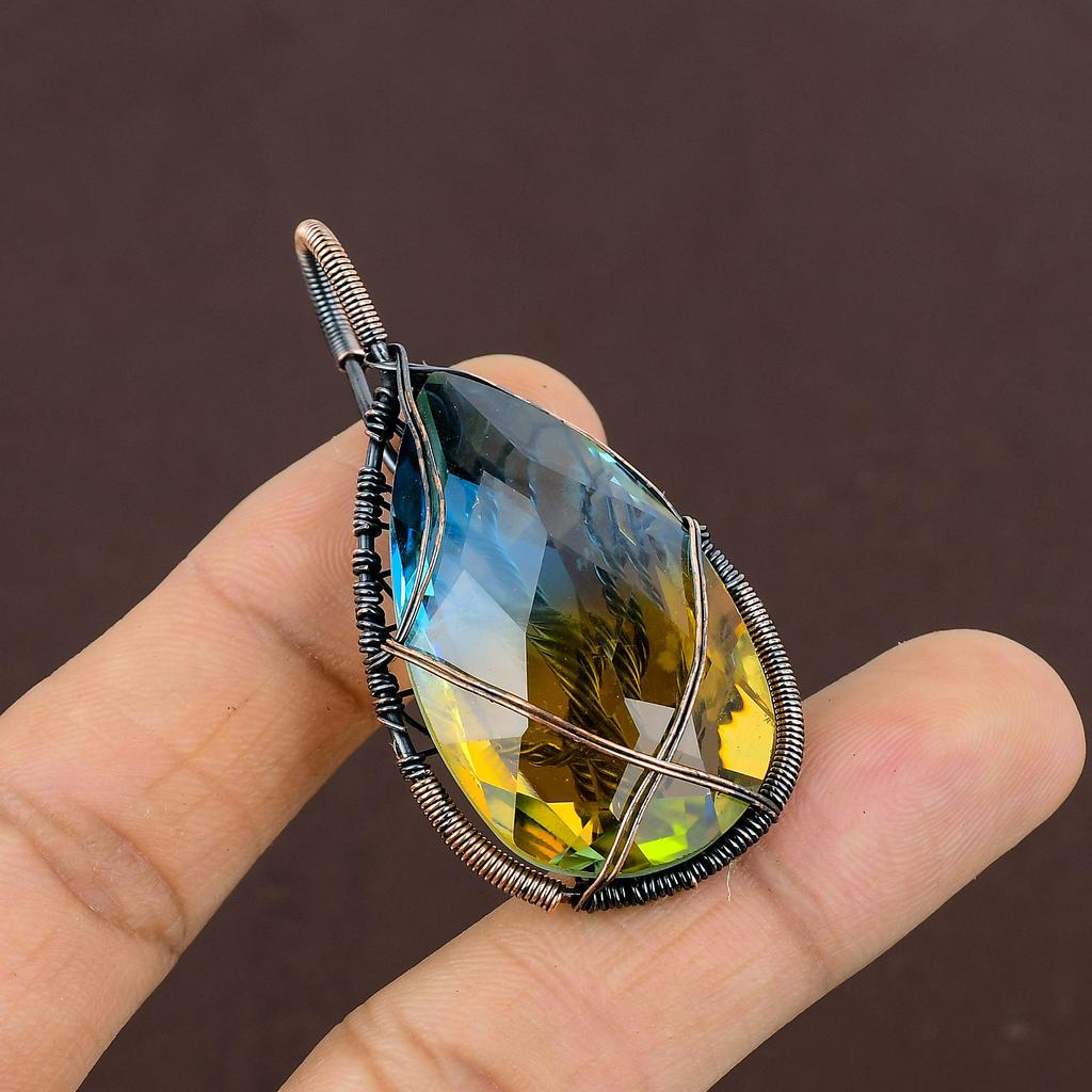 Natural Bi Color Tourmaline Gemstone Copper Wire Wrap Jewely Pendant 2.4" F7L57