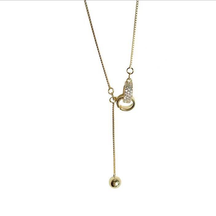 925 Round Bead Sparkling Diamond Double Ring Necklace with Tassel Design Fashion Collarbone Chain