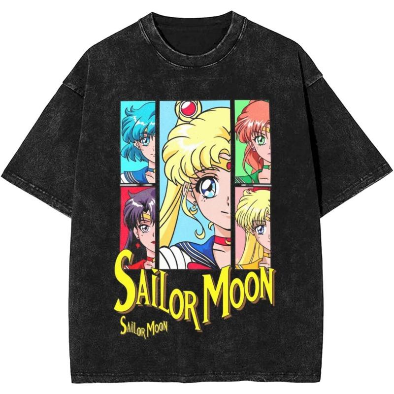 Sailors Moons Vintage Washed T Shirt  Women 100% Cotton Casual T-Shirt O Neck Anime Tees Short Sleeve Clothes Plus Size