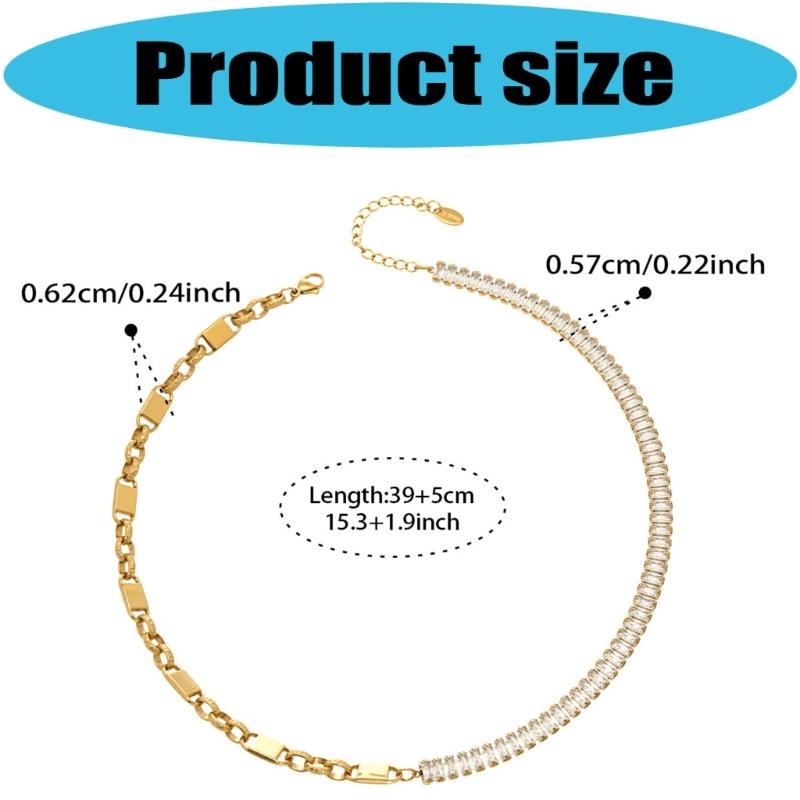 Geometric Zirconia Chain Necklace Stainless Steel Adjustable Length Collarbone Chain For Women Layering Jewelry