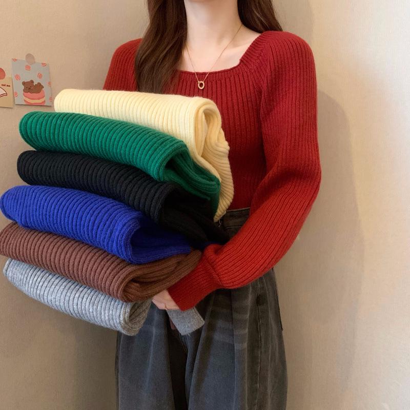 High-End Puff Sleeve Square Neck Sweater - Autumn/Winter Slim Fit Versatile Top