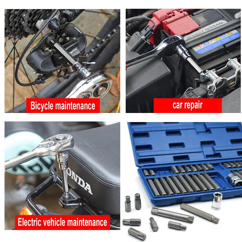 40 Piece Set of Automotive Repair Tools, Including Hexagonal, Hexagonal, and Hexagonal Screwdriver Head Sleeve Sets