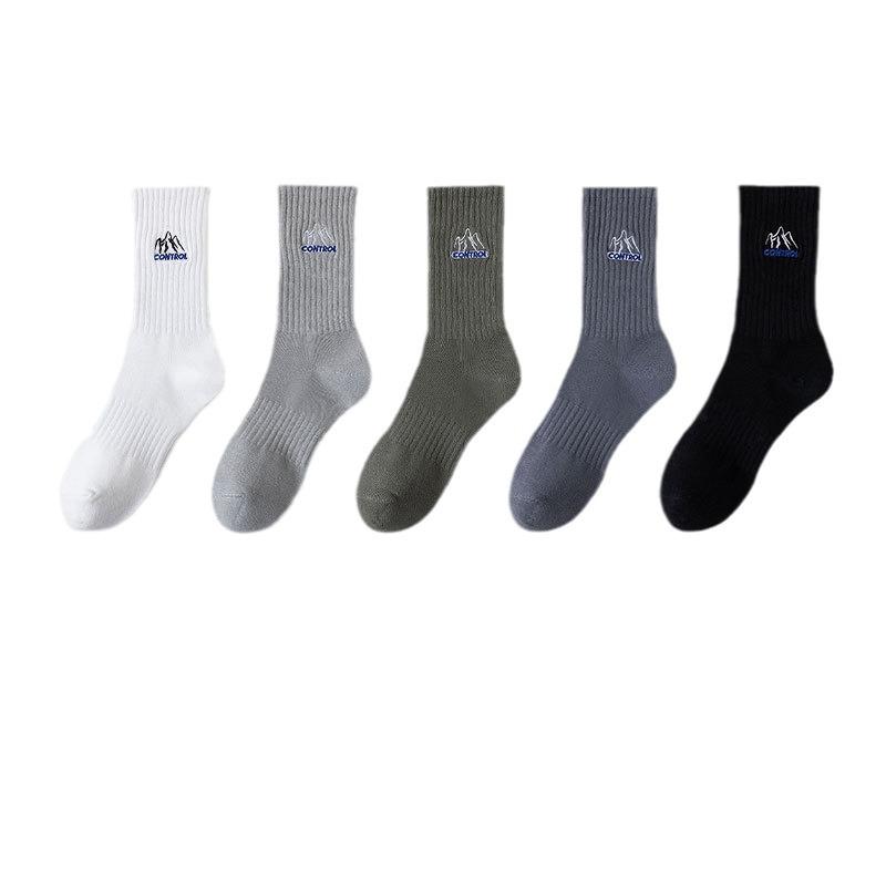 Men's Mid-calf Socks for Autumn and Winter, Solid-colored Cotton Socks, Snow Mountain Embroidery, Versatile and Trendy Socks for Spring and Summer