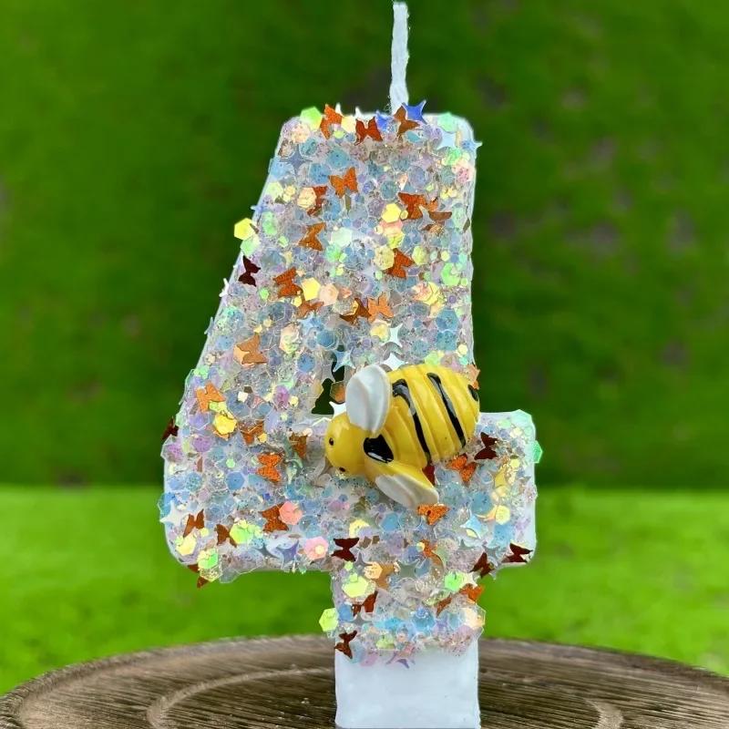 Little Bee Theme Birthday Number Candles Theme Birthday Candles for Cake Numeral Candle Cake Topper with Sequins for Birthday