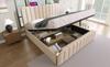 Double Bed, Upholstered Headboard, Golden Decorative Stripes, USB Type-C Charging, 140*200 cm, Beige Linen, Hydraulic Storage, 181 kg (With Mattress)