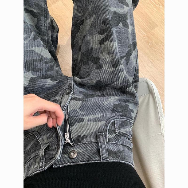American Retro Camouflage Wide-Leg Jeans: Women's Spring Slimming Loose Fit Pants