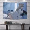 Kawaii Anime Girl Peeking Tapestry  Light Blue Wall Hanging with Cute Chibi Cat Ideal for Pastel Otaku Bedroom Decor