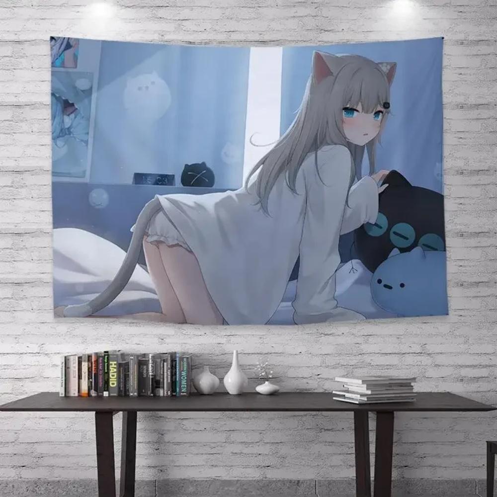 Kawaii Anime Girl Peeking Tapestry Light Blue Wall Hanging with Cute Chibi Cat Ideal for Pastel Otaku Bedroom Decor