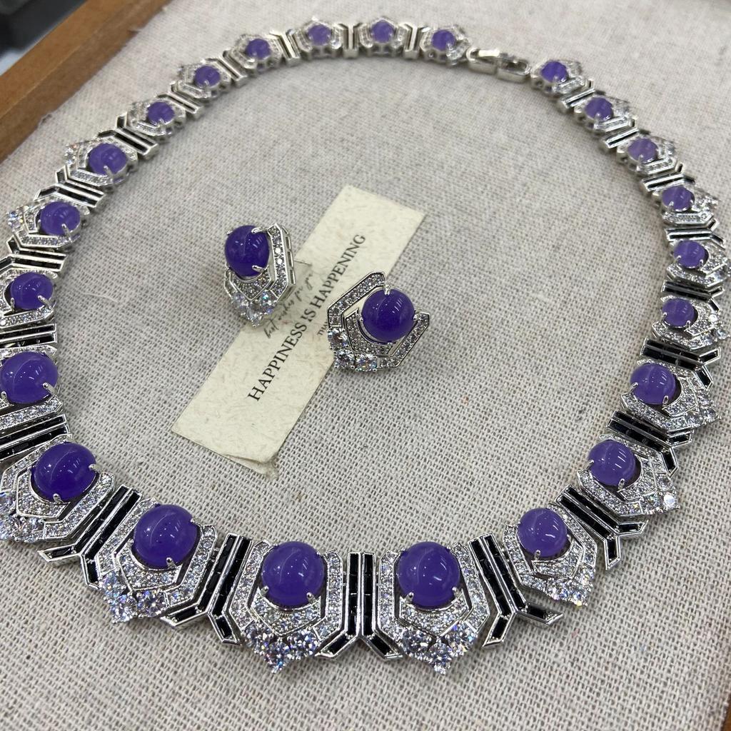 Medieval Vintage Heavy Industry Exquisite Long Sweeping Shoulder Purple Gemstone Diamond Earrings High-End Stud Earrings Luxury Necklace