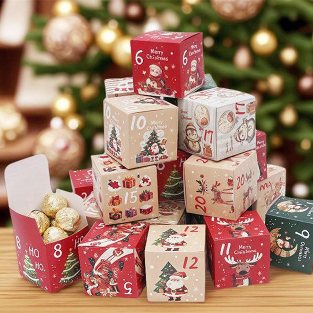 24-Day Empty Christmas Countdown Box Set Numbered Fillable Containers for Candy Chocolate Winter Holiday Decoration Organizer