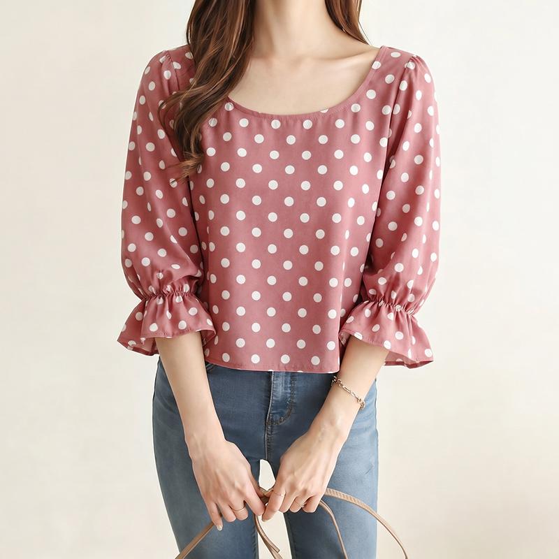 ZANZEA Women Polka Dot Print Casual Round Neck 3/4 Sleeve Elegant Blouse