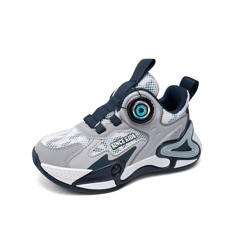 Autumn new boys' sports shoes lightweight, non-slip and wear-resistant leather surface soft sole rotating buckle boys' basketball shoes tide