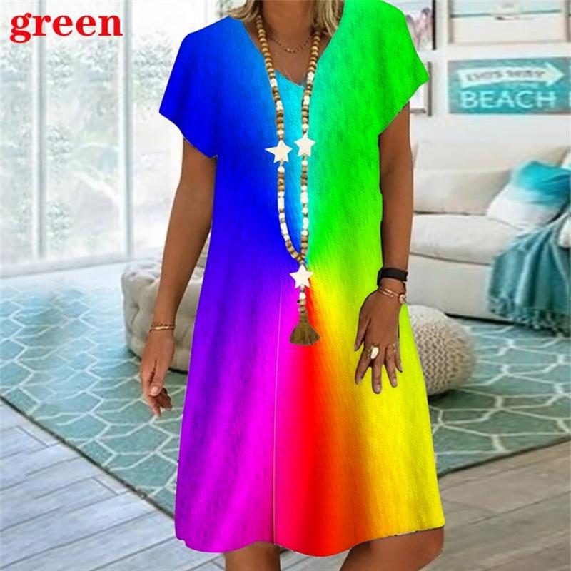 Rainbow Striped 3D Print Women Dress Elegant Sweet Casual V-Neck Short Sleeve A-Line Dress Summer Fashion Oversized Clothing