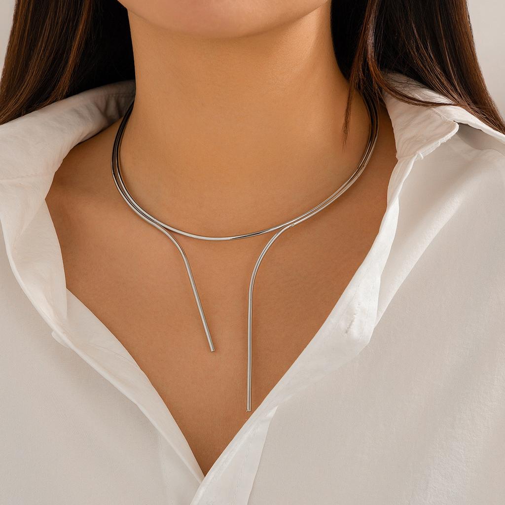 Punk style double-layer v-shaped open choker necklace, simple metal glossy plain collar jewelry