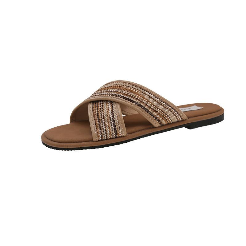Flat-bottomed retro woven cross-strapped cool slippers fairy shoes outer wear 2025 summer vacation beach roman slippers