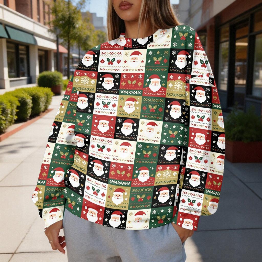 Women's Christmas Print Crewneck Sweatshirt Lightweight Casual Pullover for Holiday and Everyday Wear