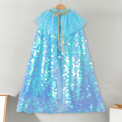 Mantello di Paillettes da Sirena per Ragazze Colletto in Tulle Regolabile Largo Costume Cosplay per Esibizioni Sceniche Bambini Vestito da Travestimento per Festa di Carnevale Cappa Scialle da Principessa