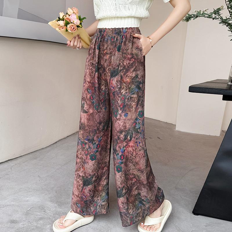 

Пижамные брюки из хлопкового шелка, женские летние тонкие антимоскитные широкие брюки, однотонные, для отдыха на открытом воздухе, для дома, с принтом, пляжные брюки Nine-minute One Size