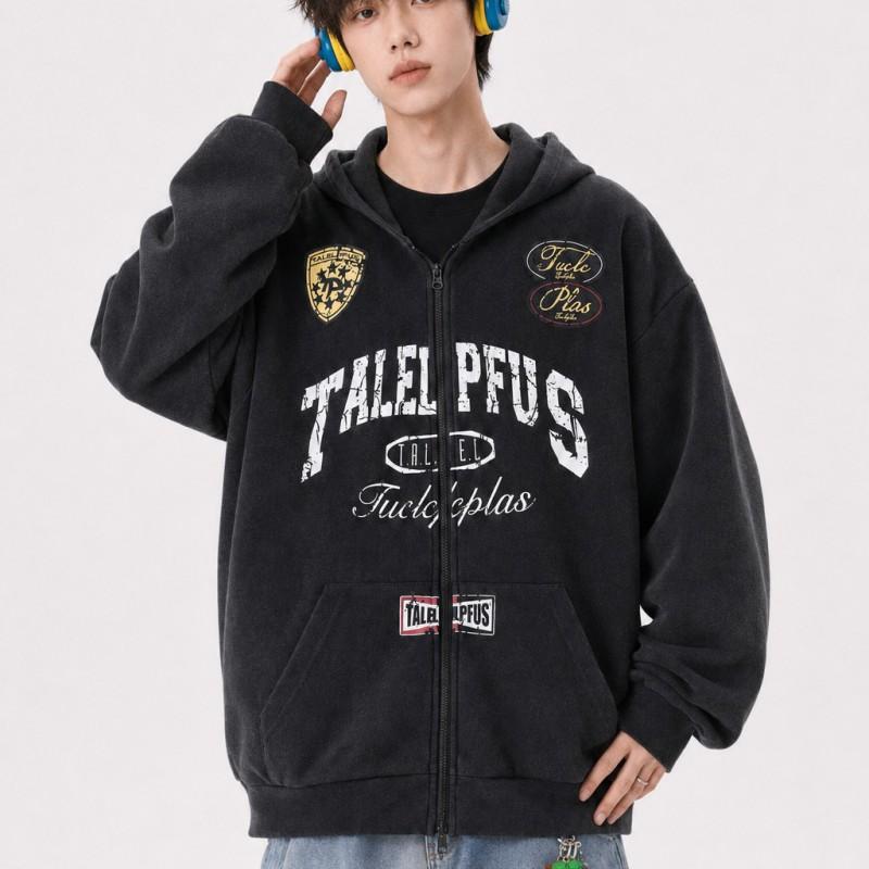 Oversized Vintage American Racing Style Washed Hooded Zip-Up Sweatshirt Men Women Casual Loose Fit