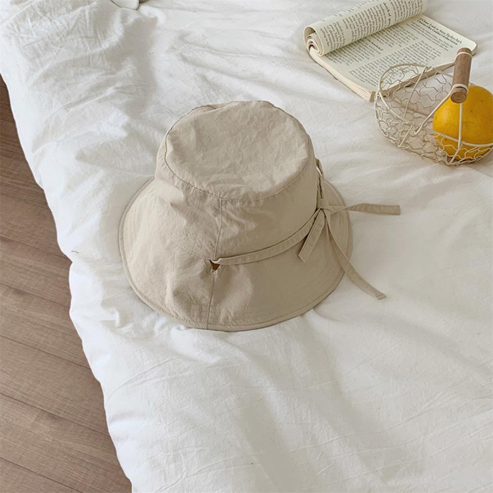Wide Brim Bow Bucket Hat Solid Color Summer Sun Hat Simple Sunscreen Fisherman Hat  Camping