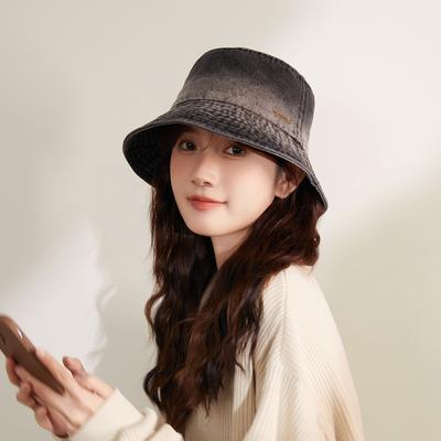 Gradual Change Color Denim Bucket Hat Women's Retro Washed Wide Brim Sunshade Basin Hat Plain Makeup Versatile Face Small Hat
